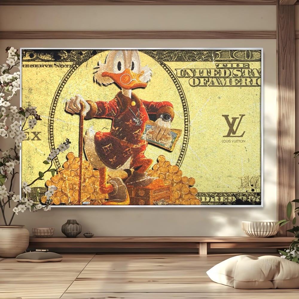 Tablou canvas cu tablou canvas cu personaj disney si bani, in rama de aluminiu argintiu